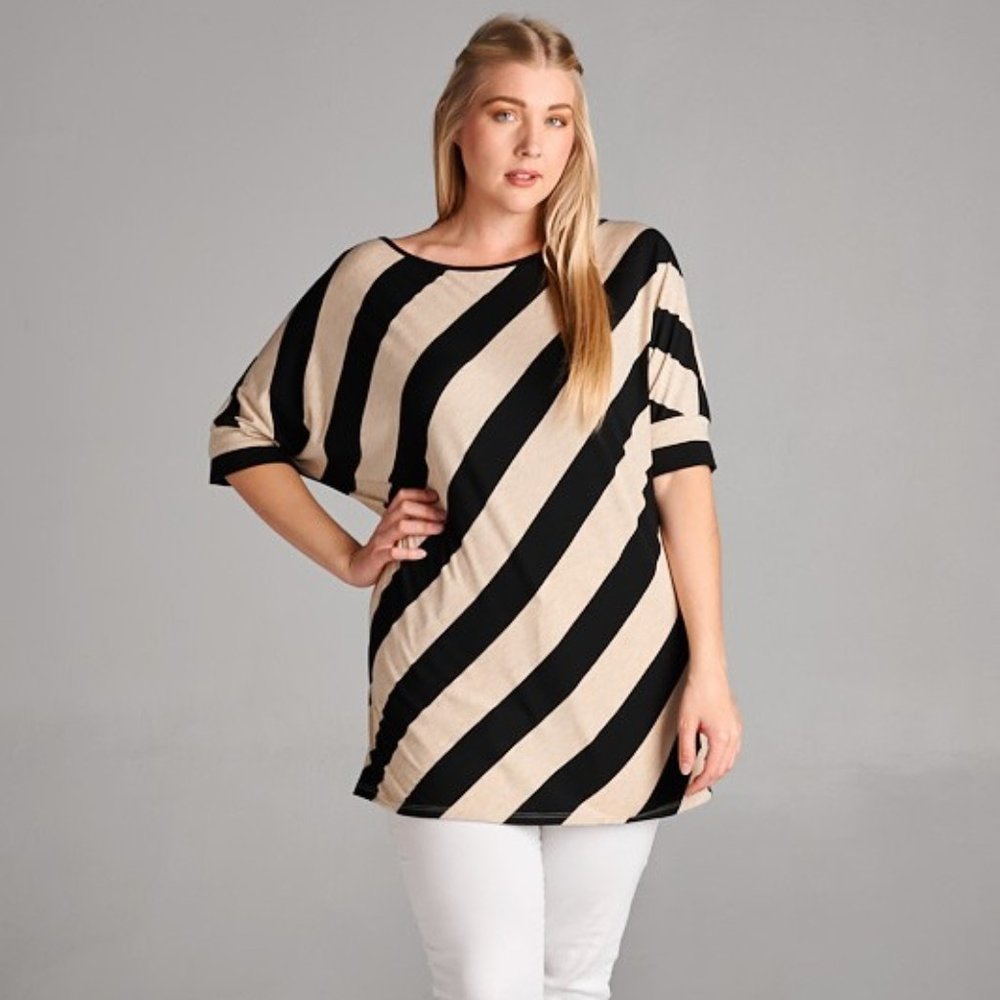 Diagonal Stripe Tunic Top Short Sleeve Shirt
